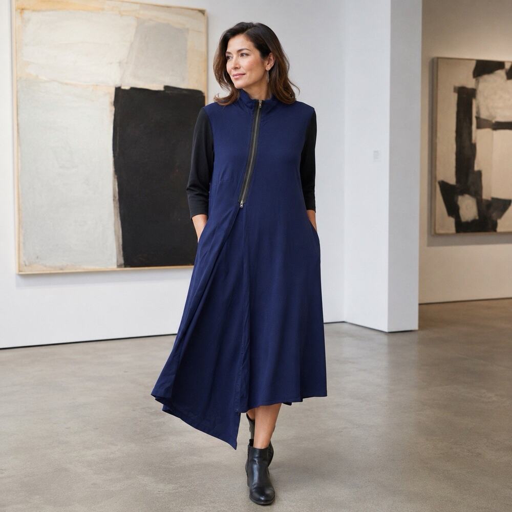 eShakti Women’s Asymmetrical Zip Front Tunic Dress Artsy Navy Black XL 18 Pocket